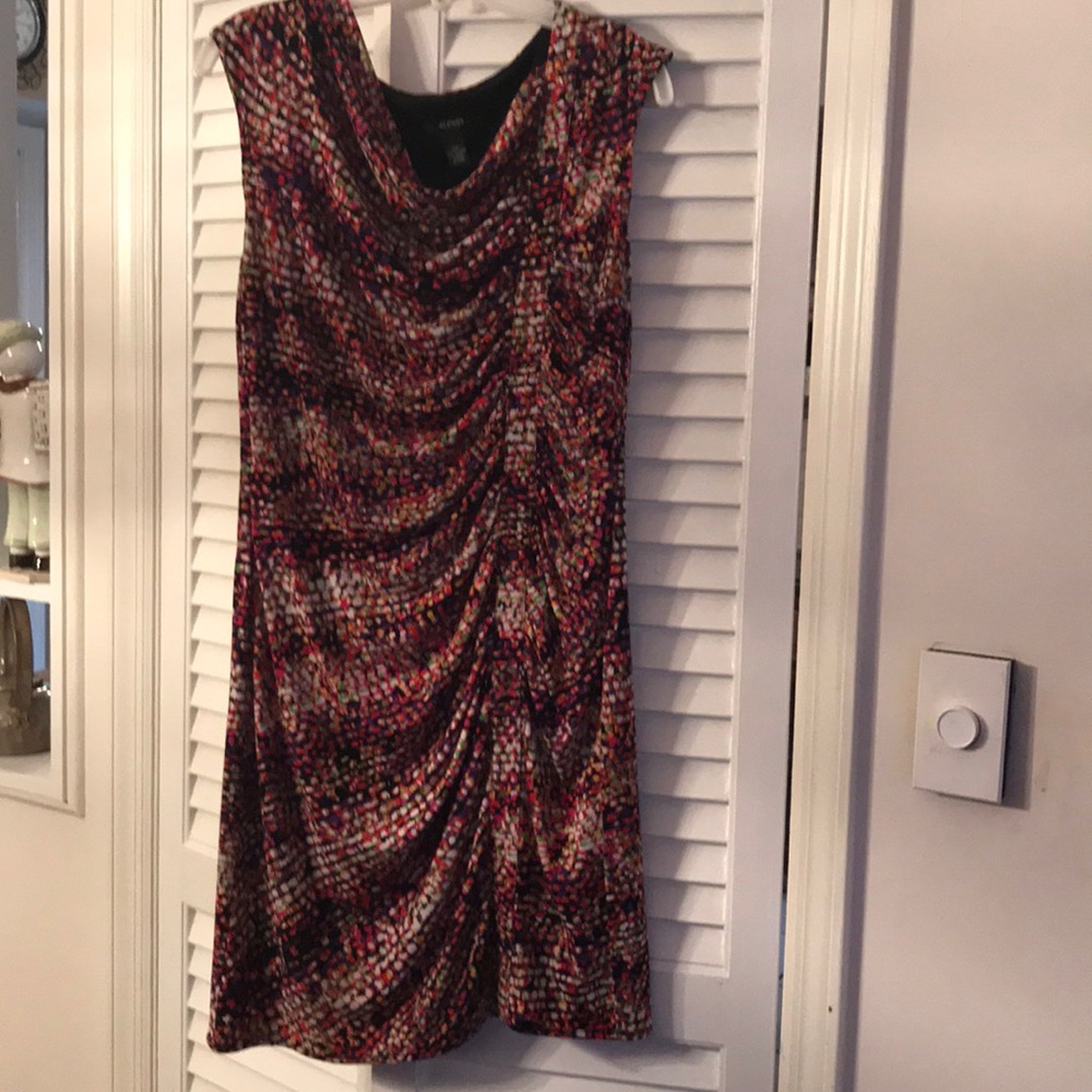 Multi color ruched faux wrap dress. Fabulo…